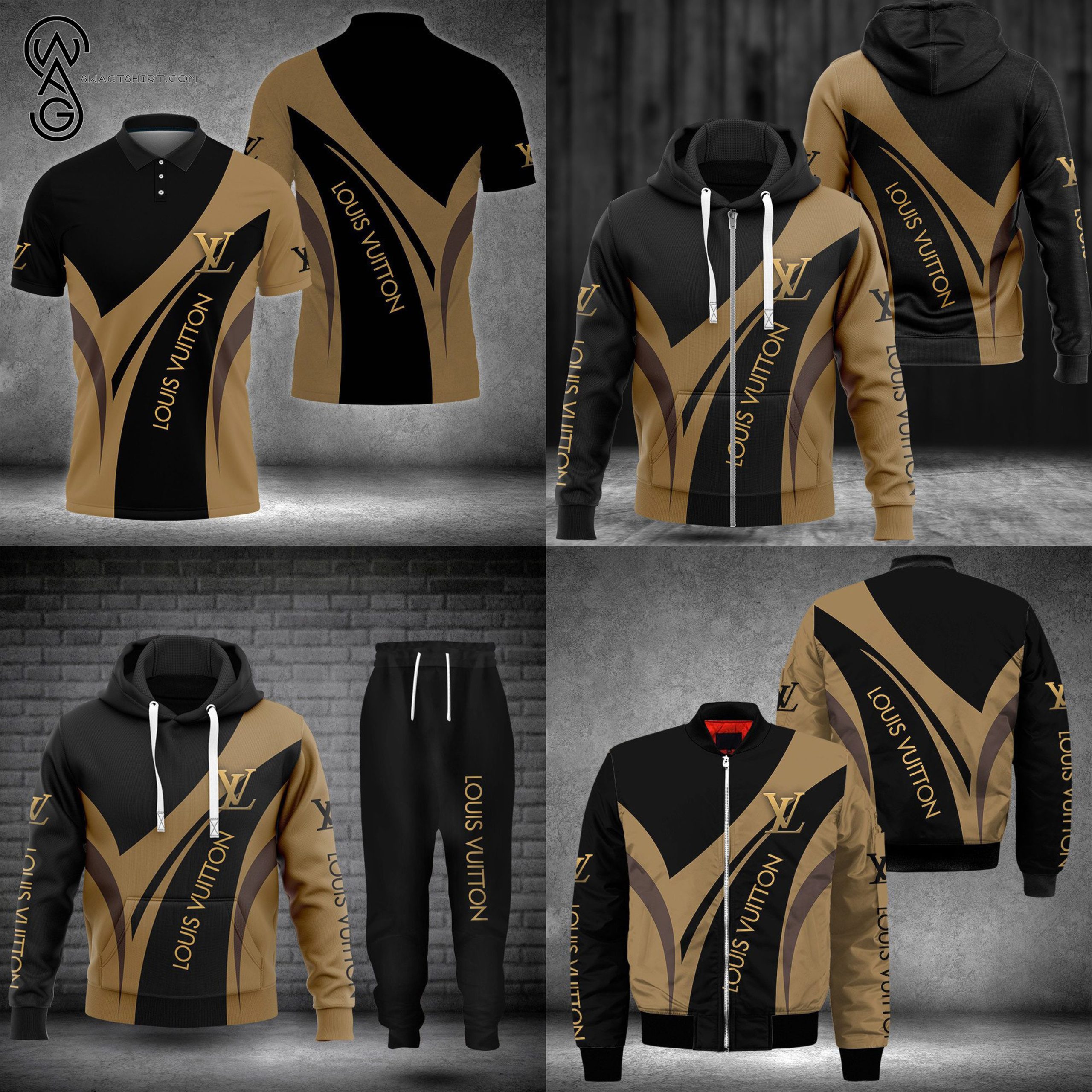 Combo Brown Louis Vuitton Logo Hoodie Bomber Jacket And Pants Combo Brown Louis Vuitton Logo Hoodie Bomber Jacket And Pants