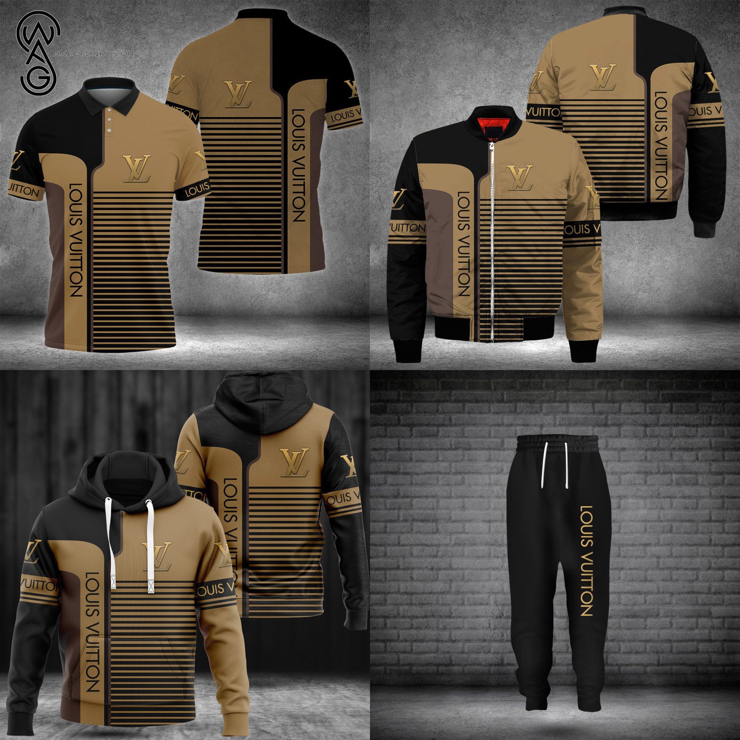 Combo Gold Louis Vuitton Logo Hoodie Bomber Jacket And Pants Combo Gold Louis Vuitton Logo Hoodie Bomber Jacket And Pants