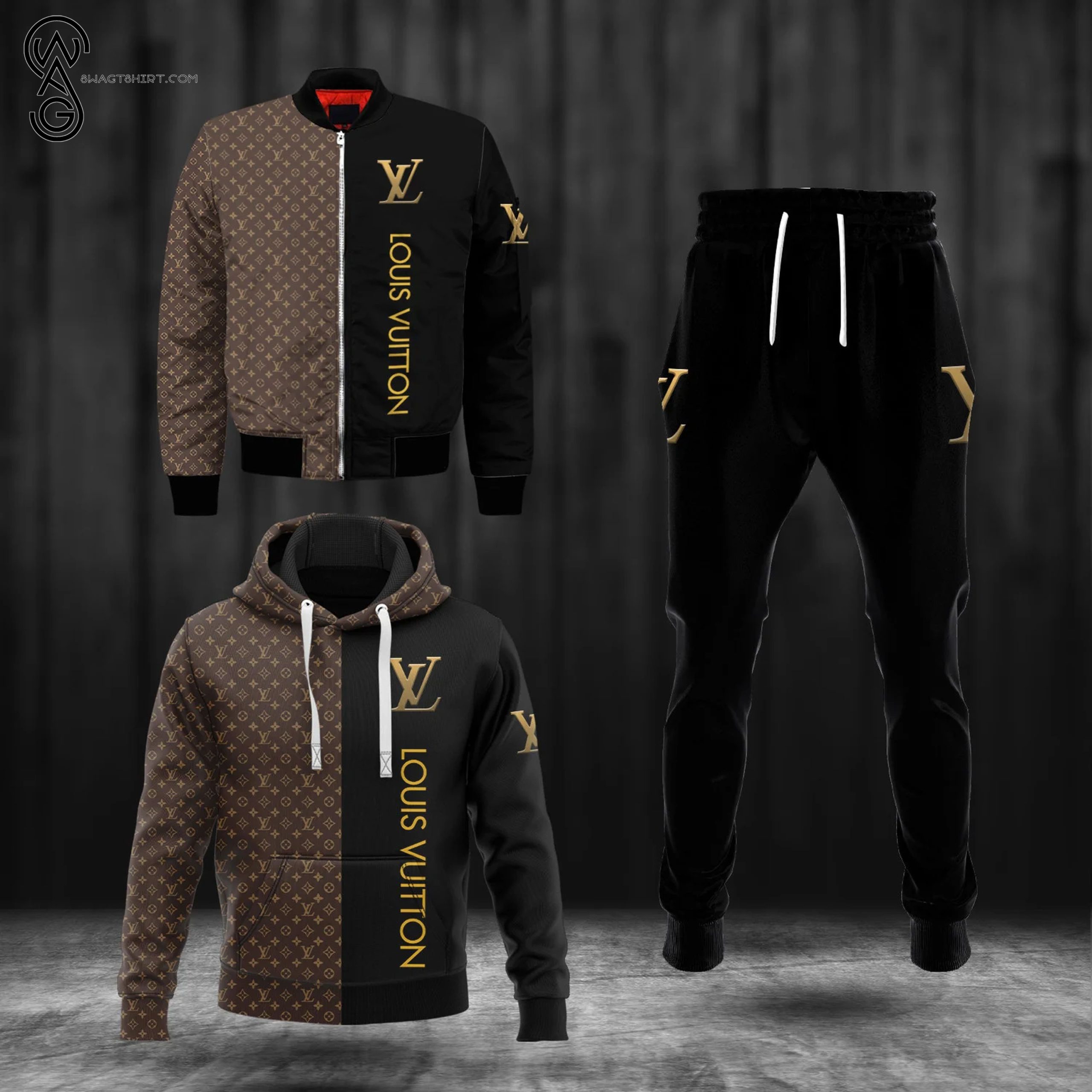 Combo Louis Vuitton Black And Brown Hoodie Bomber Jacket And Pants Combo Louis Vuitton Black And Brown Hoodie Bomber Jacket And Pants