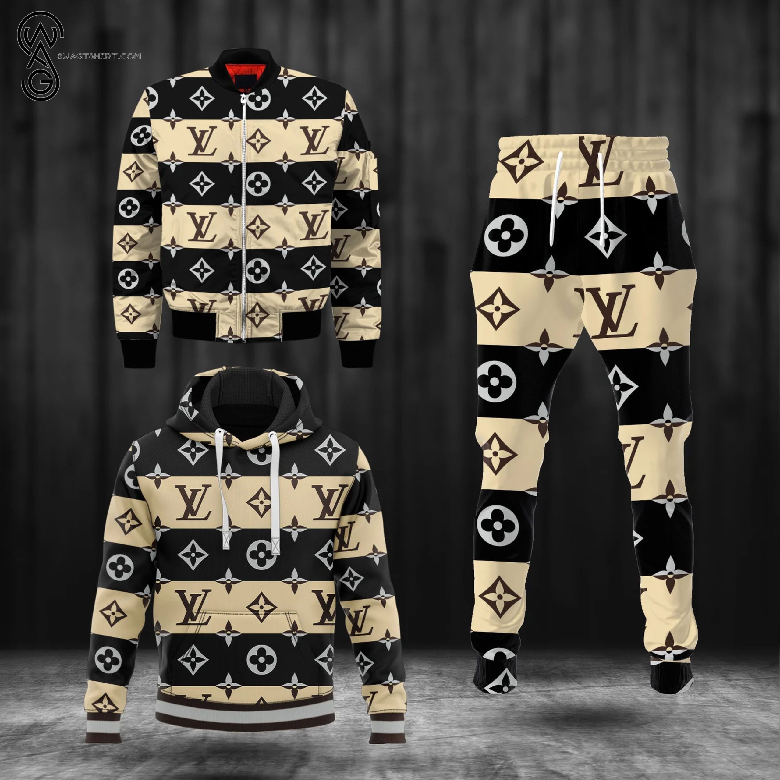 Combo Louis Vuitton Black And Cream Hoodie Bomber Jacket And Pants Combo Louis Vuitton Black And Cream Hoodie Bomber Jacket And Pants