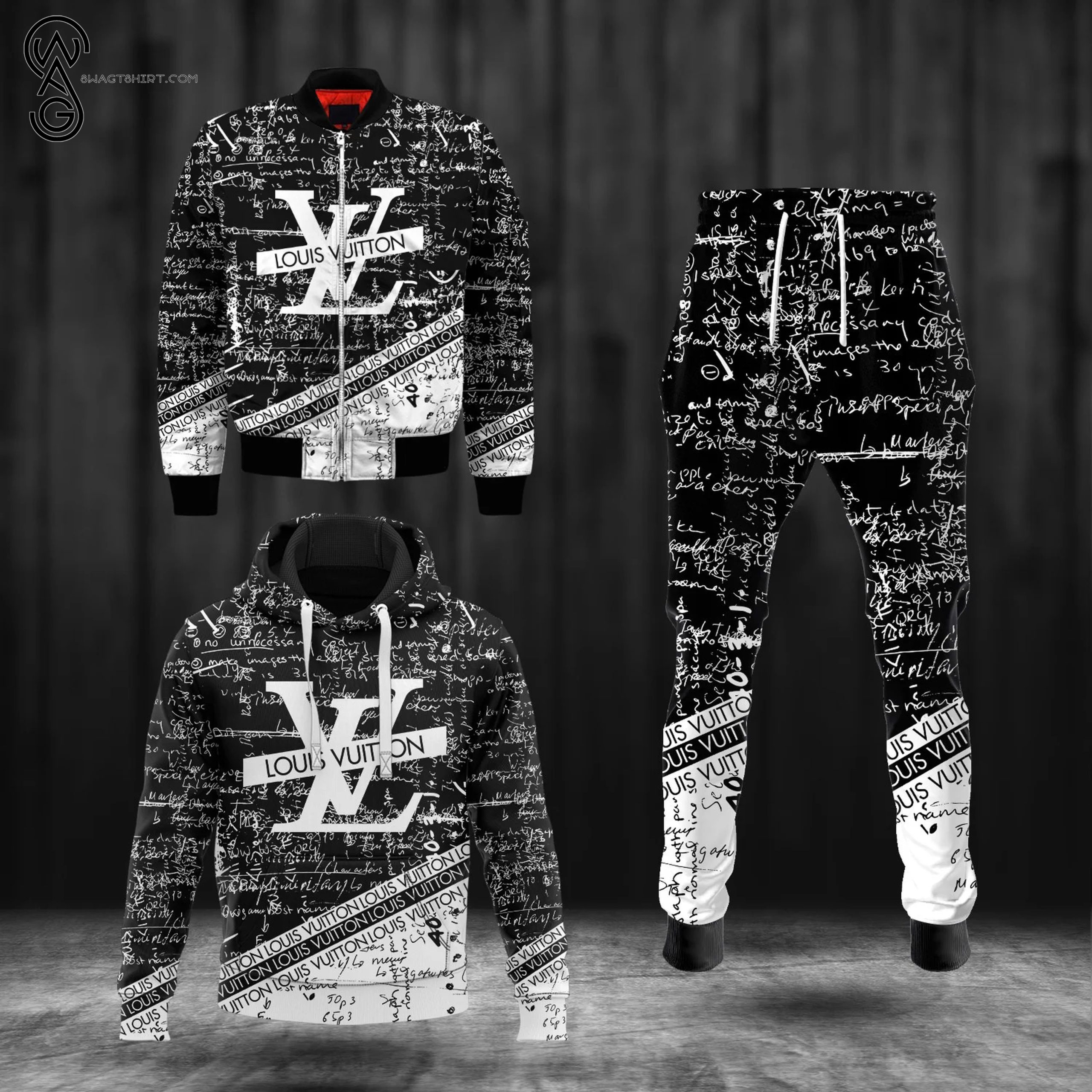 Combo Louis Vuitton Black And White Hoodie Bomber Jacket And Pants Combo Louis Vuitton Black And White Hoodie Bomber Jacket And Pants