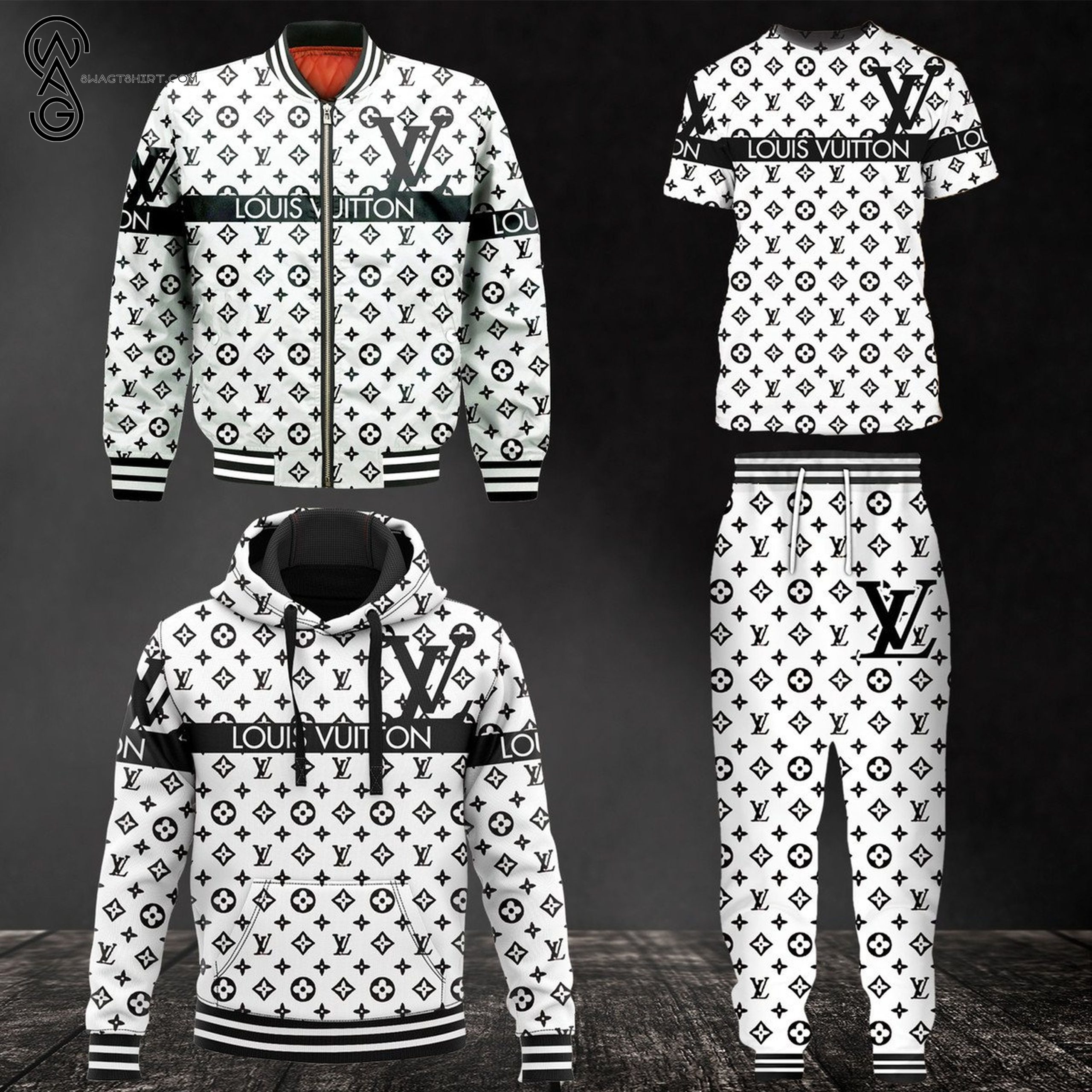 Combo Louis Vuitton Black Symbol Version Hoodie Bomber Jacket And Pants Combo Louis Vuitton Black Symbol Version Hoodie Bomber Jacket And Pants