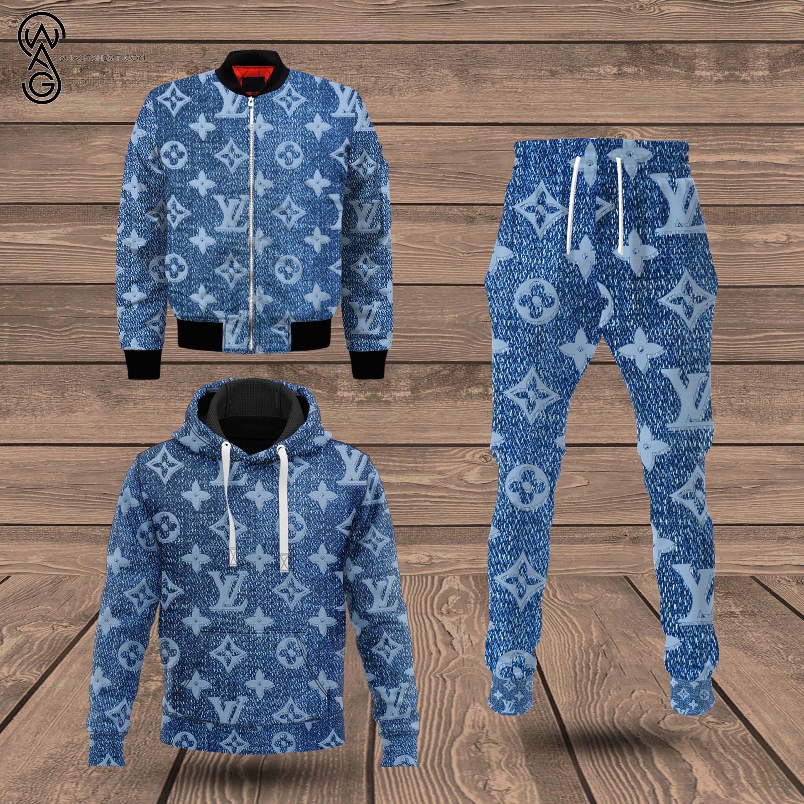 Combo Louis Vuitton Blue Version Hoodie Bomber Jacket And Pants Combo Louis Vuitton Blue Version Hoodie Bomber Jacket And Pants