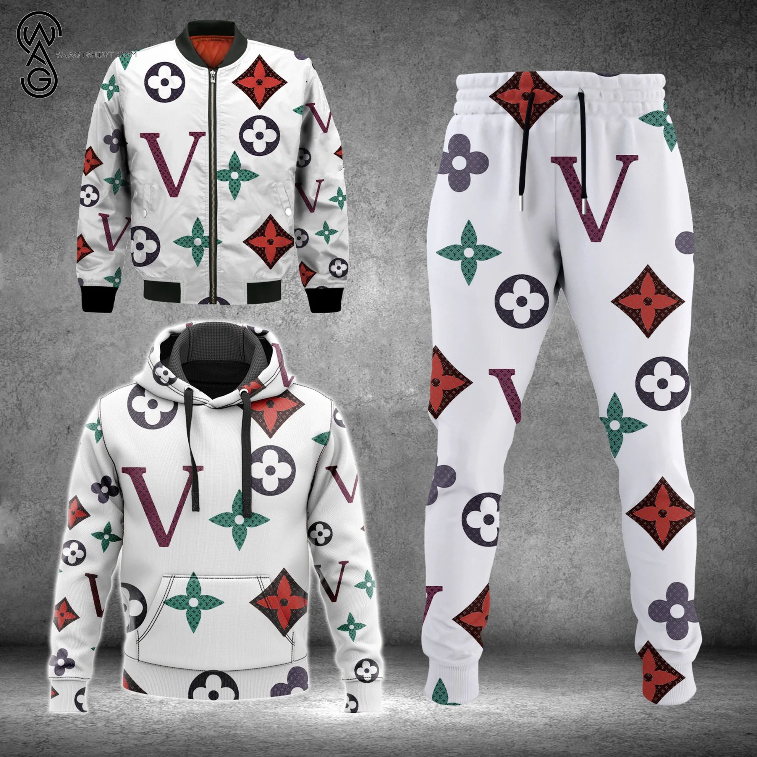Combo Louis Vuitton Colorful Hoodie Bomber Jacket And Pants Combo Louis Vuitton Colorful Hoodie Bomber Jacket And Pants