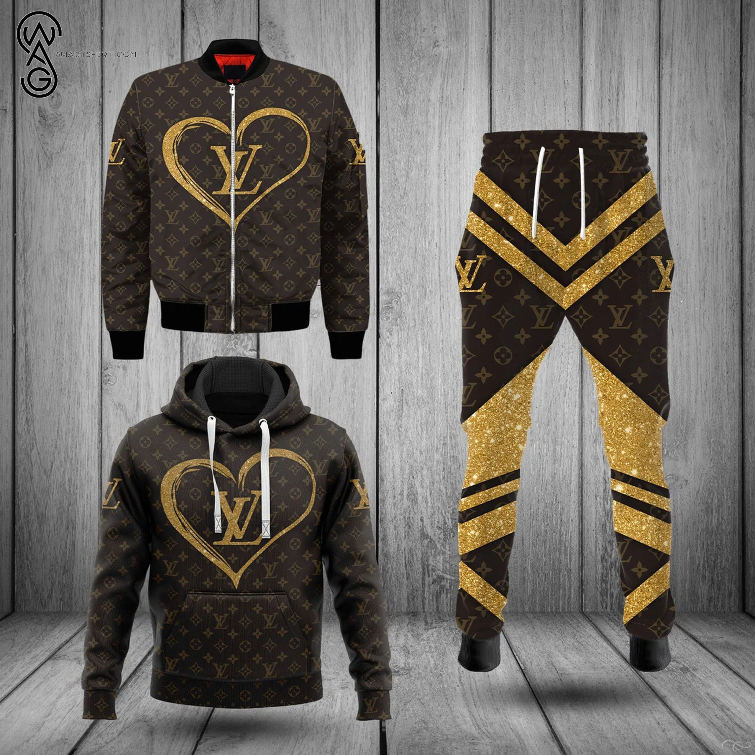 Combo Louis Vuitton Glitter Symbol Hoodie Bomber Jacket And Pants Hot Sale 2024