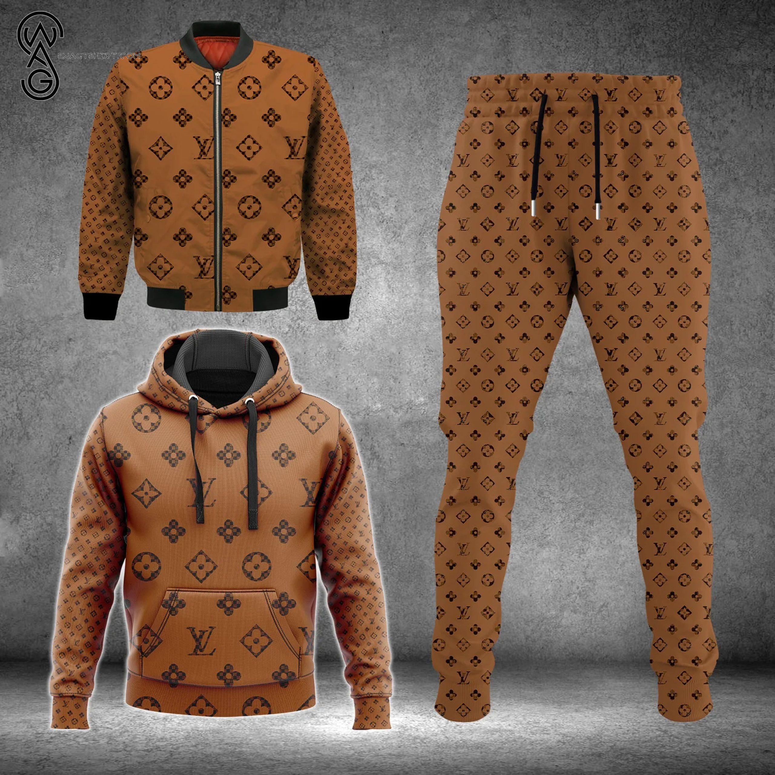 Combo Louis Vuitton Light Brown Hoodie Bomber Jacket And Pants Combo Louis Vuitton Light Brown Hoodie Bomber Jacket And Pants