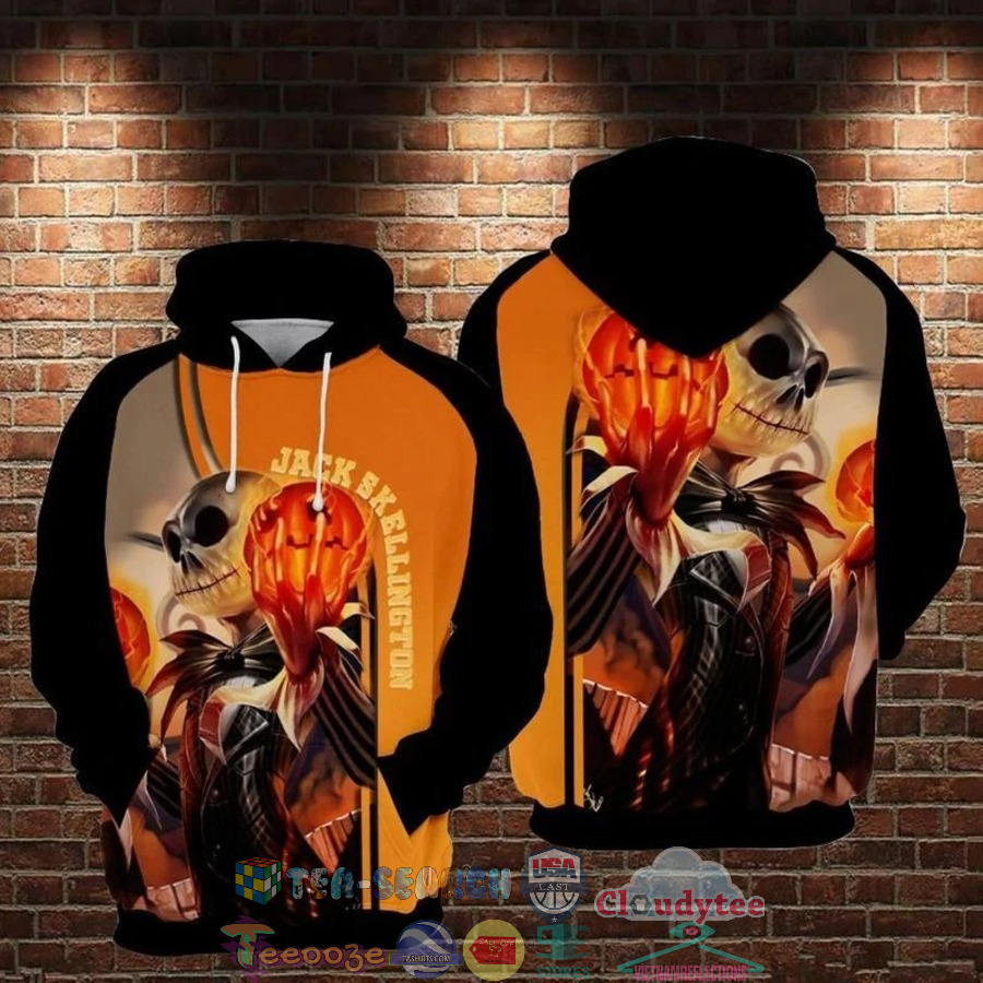 Jack Skellington Holding Pumpkin Halloween Theme 3D Hoodie Jack Skellington Holding Pumpkin Halloween Theme 3D Hoodie