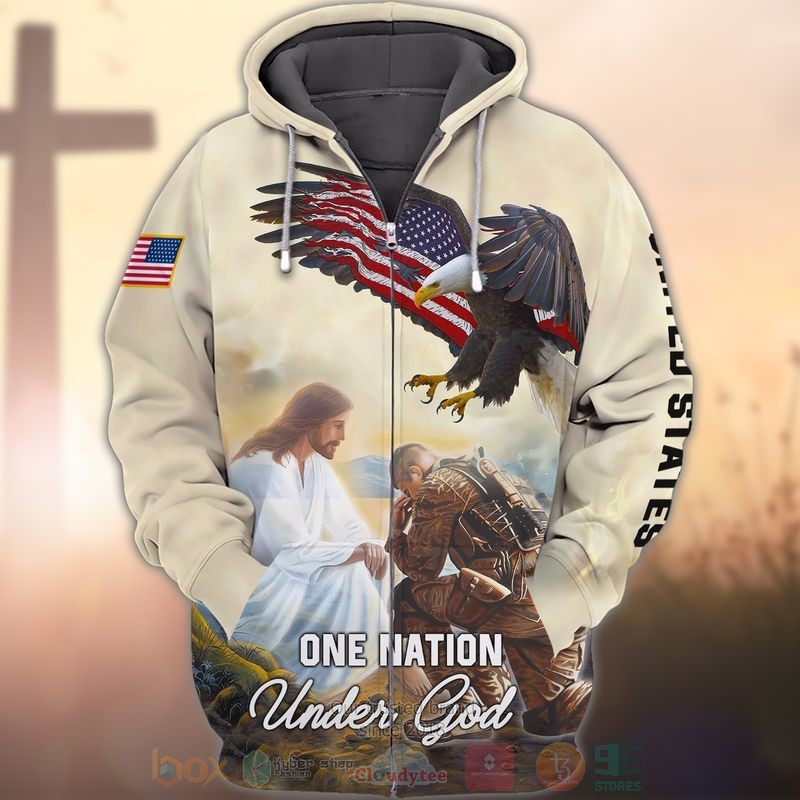 One Nation Under God Cream 3D Zip Hoodie One Nation Under God Cream 3D Zip Hoodie