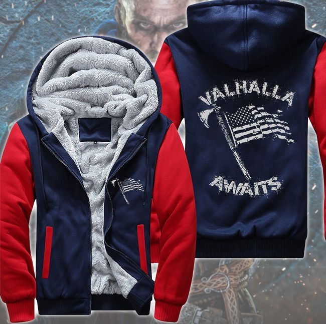 Valhalla Awaits American Flag Fleece Hoodie Jacket Valhalla Awaits American Flag Fleece Hoodie Jacket