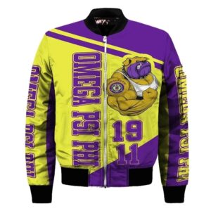 Africa Zone Jacket - Omega Psi Phi 1911 Muscle Bulldog Sleeve Zip Bomber Jacket J5 Bomber Jacket