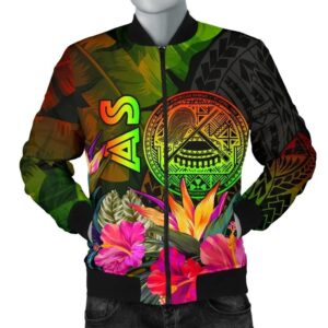 American Samoa Polynesian Men's Bomber Jacket -  Hibiscus and Banana Leaves - BN15 Bomber Jacket