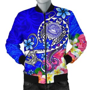 American Samoa Polynesian Men's Bomber Jacket - Turtle Plumeria (Blue) - BN18 Bomber Jacket