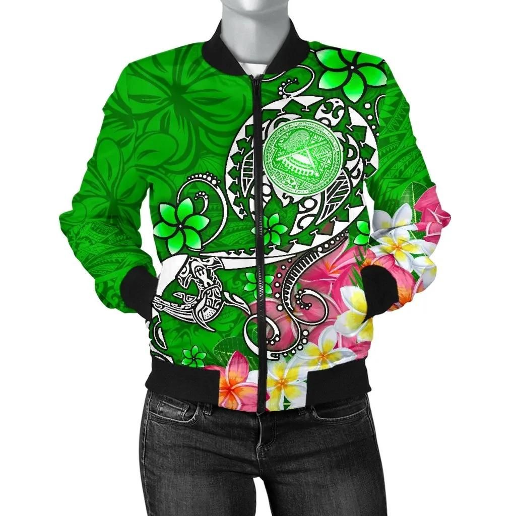 American Samoa Polynesian Women's Bomber Jacket - Turtle Plumeria (Green) - BN18 Bomber Jacket American Samoa Polynesian Women's Bomber Jacket - Turtle Plumeria (Green) - BN18 Bomber Jacket