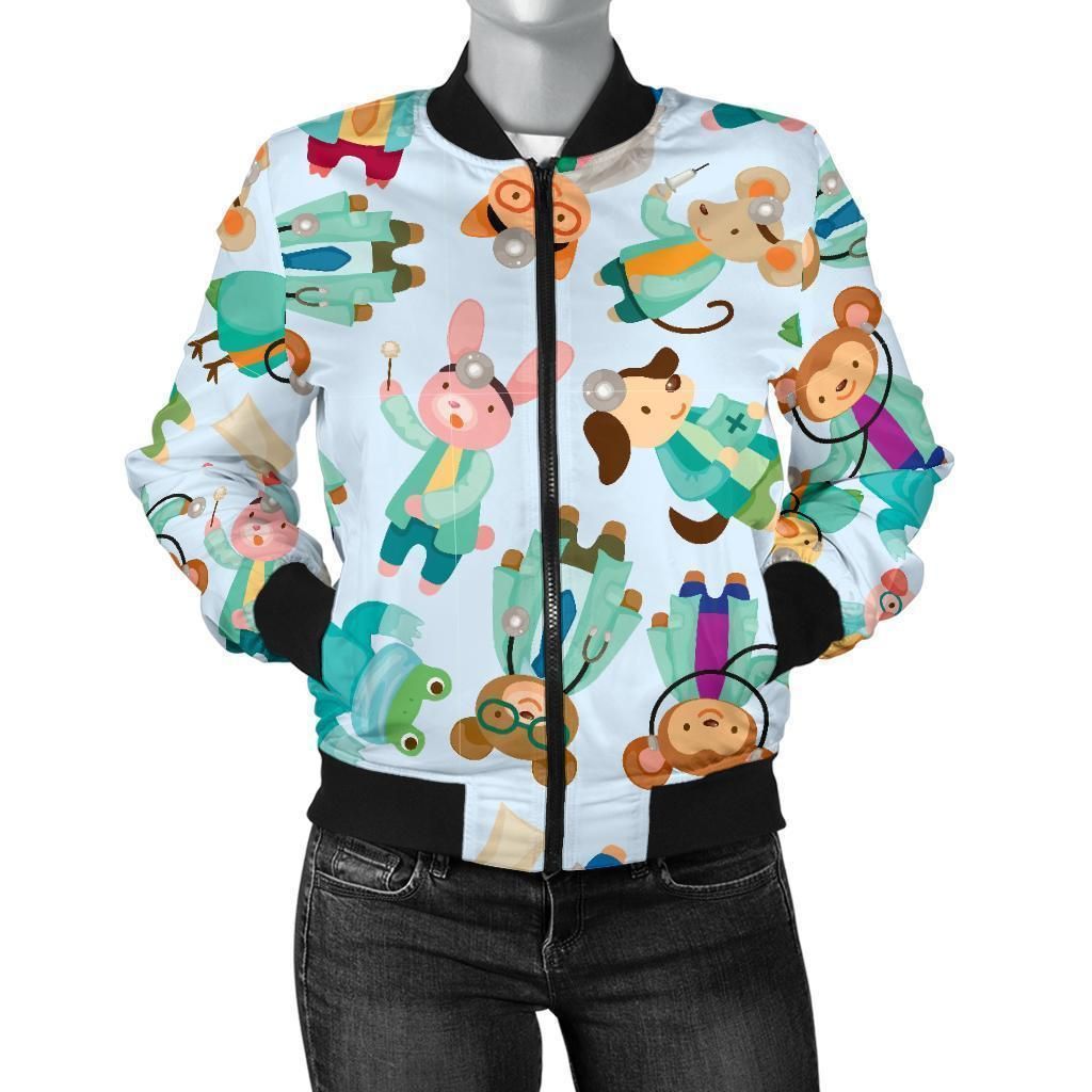 Animal-Nurse-Pattern-Print-Women-Casual-Bomber-Jacket-1