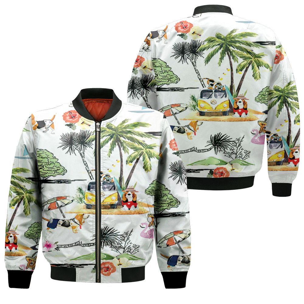 Basset Hound Hawaiian Hawaii Beach Retro 3D Bomber Jacket Basset Hound Hawaiian Hawaii Beach Retro 3D Bomber Jacket