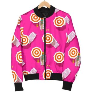 Beach Pink Pattern Print Women Casual Bomber Jacket