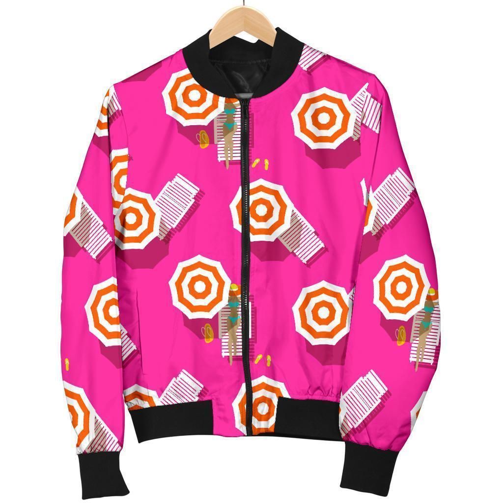 Beach Pink Pattern Print Women Casual Bomber Jacket Beach Pink Pattern Print Women Casual Bomber Jacket