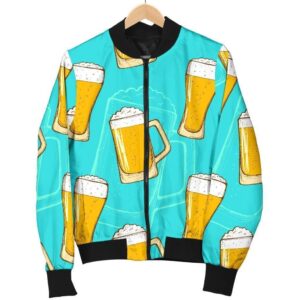 Beer Blue Pattern Print Women Casual Bomber Jacket