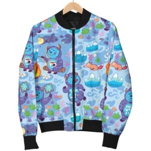 Bigfoot Blue Pattern Print Women Casual Bomber Jacket