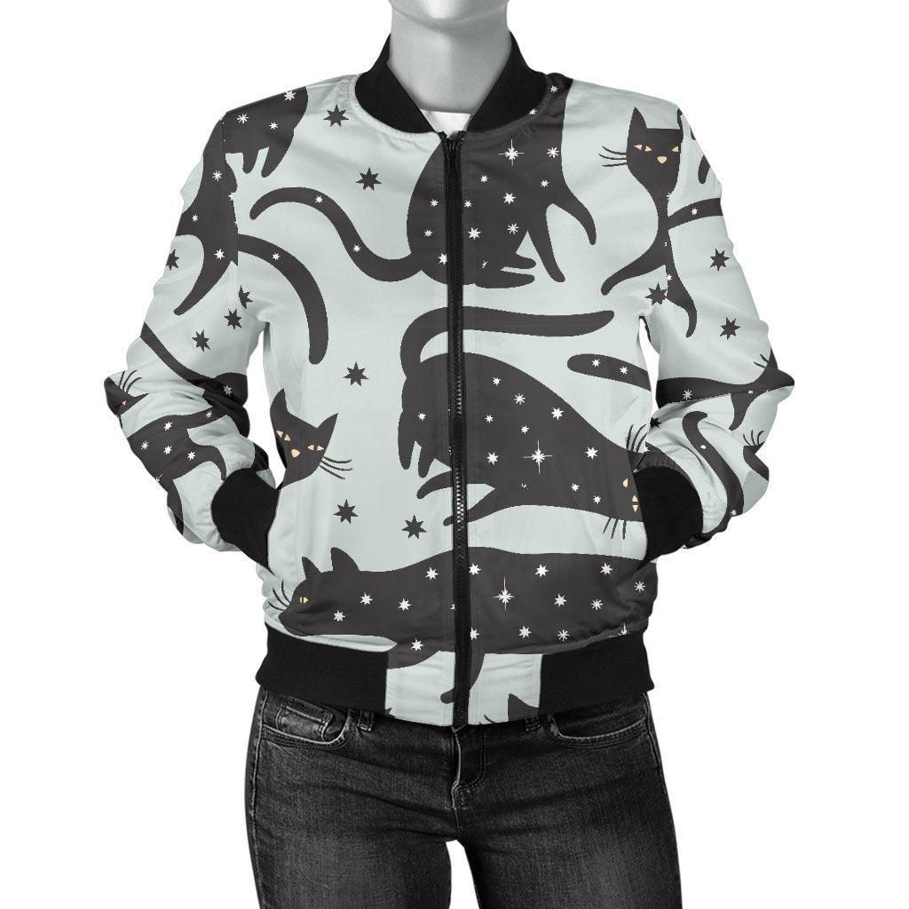 Black-Cat-Print-Pattern-Women-Casual-Bomber-Jacket-1