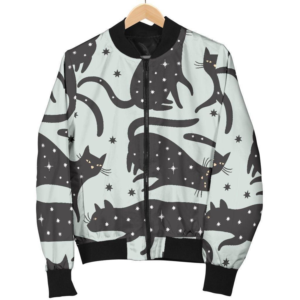 Black Cat Print Pattern Women Casual Bomber Jacket Black Cat Print Pattern Women Casual Bomber Jacket