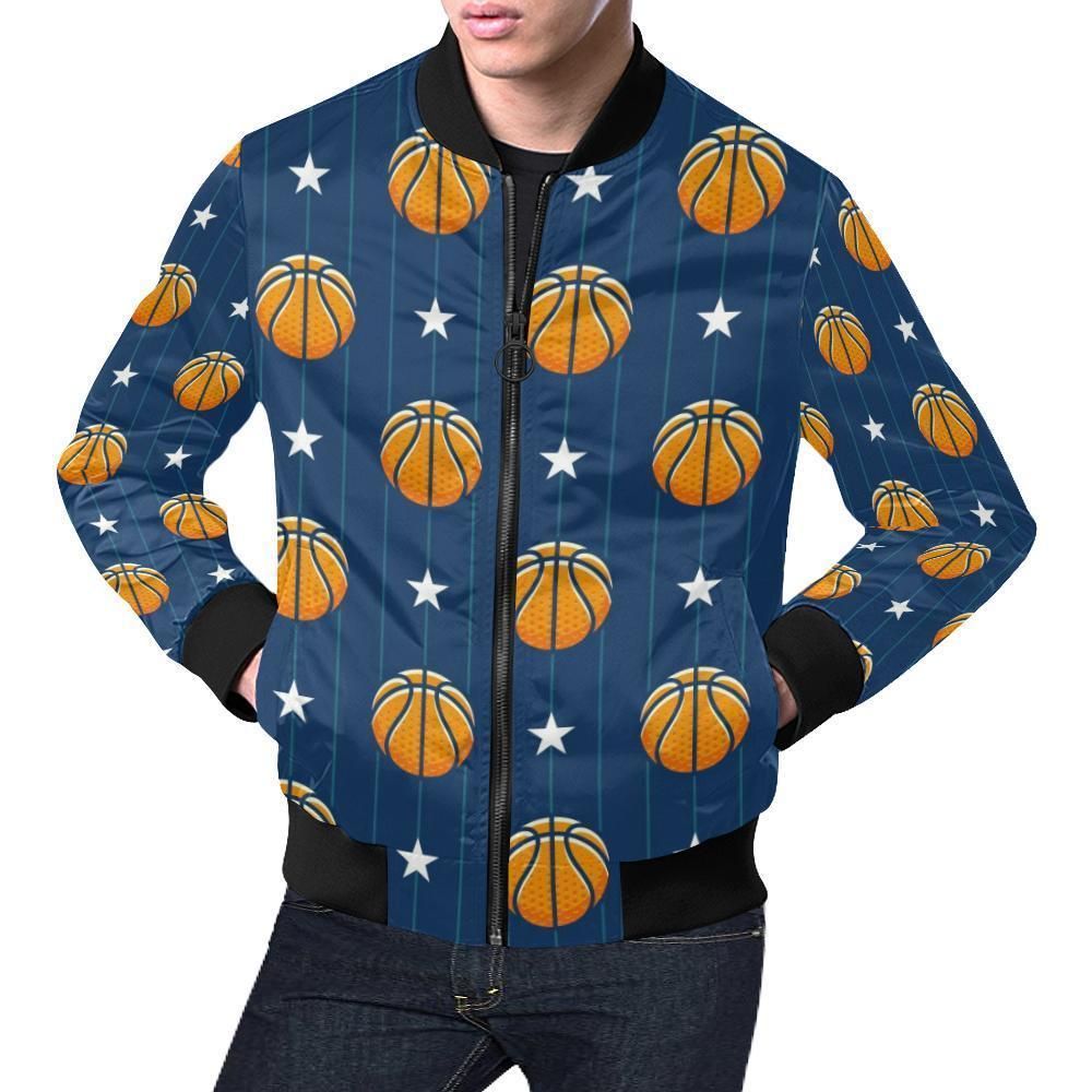 Blue Basketball Pattern Print Mens Bomber Jacket Blue Basketball Pattern Print Mens Bomber Jacket