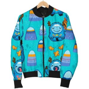 Blue Bigfoot Pattern Print Women Casual Bomber Jacket