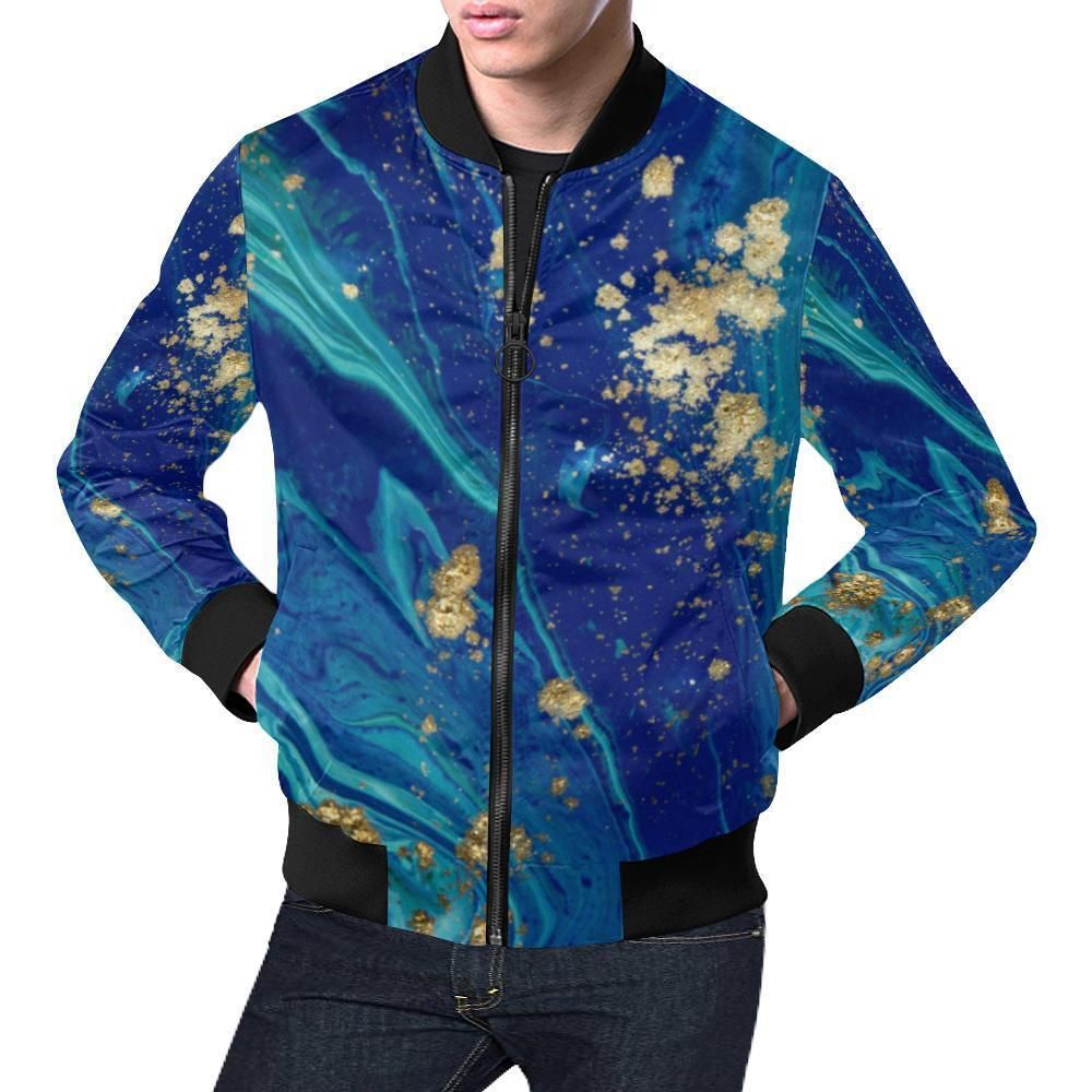 Blue Marble Pattern Print Mens Bomber Jacket Blue Marble Pattern Print Mens Bomber Jacket