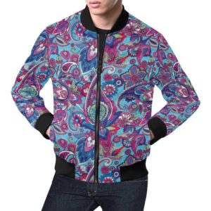Blue Purple Red Paisley Pattern Print Mens Bomber Jacket