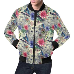 Bohemian White Tiger Pattern Print Mens Bomber Jacket