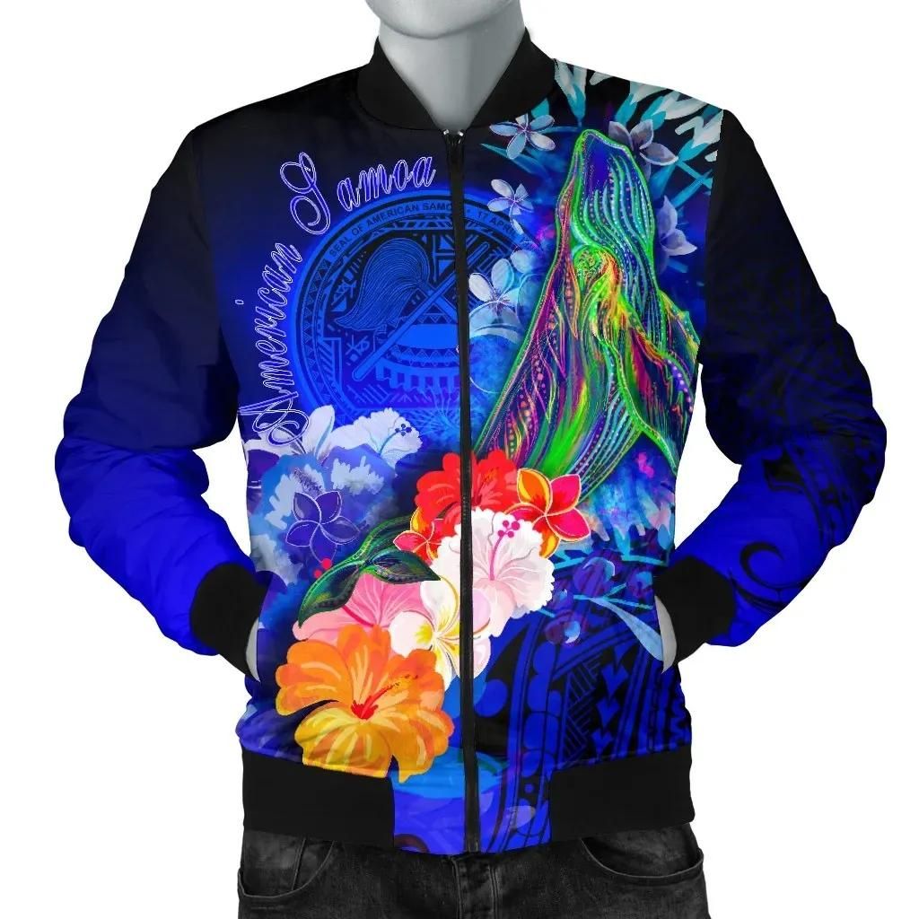 Bomber Jacket American Samoa Polynesian - Humpback Whale with Tropical Flowers (Blue)- BN18 Bomber Jacket Bomber Jacket American Samoa Polynesian - Humpback Whale with Tropical Flowers (Blue)- BN18 Bomber Jacket