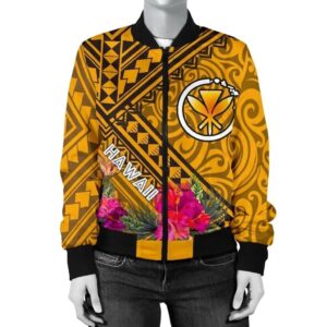 Bomber Jacket Hawaii - Kanaka Maoli With Hibiscus On Polynesian Patterns (YELLOW) - BN25 Bomber Jacket