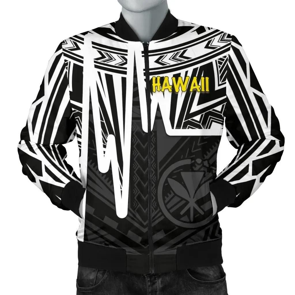 Bomber Jacket Hawaii - Kanaka Maoli With Polynesian Pattern In Heartbeat Style (Black Bomber Jacket Hawaii - Kanaka Maoli With Polynesian Pattern In Heartbeat Style (Black