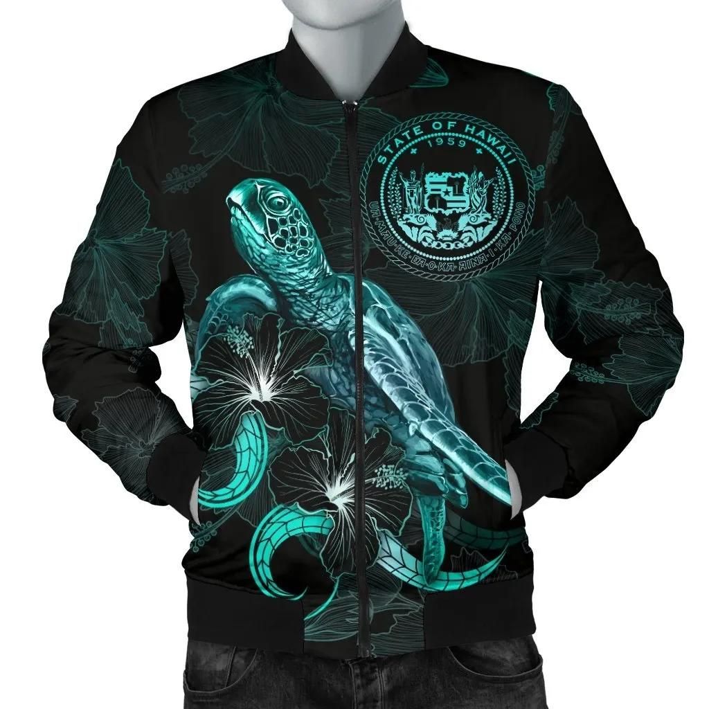 Bomber Jacket Hawaii Polynesian - Turtle With Blooming Hibiscus Turquoise - BN22 Bomber Jacket Bomber Jacket Hawaii Polynesian - Turtle With Blooming Hibiscus Turquoise - BN22 Bomber Jacket