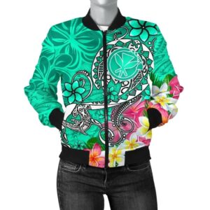 Bomber Jacket Hawaii - Turtle Plumeria Polynesian Tattoo Turquoise Color - BN18 Bomber Jacket
