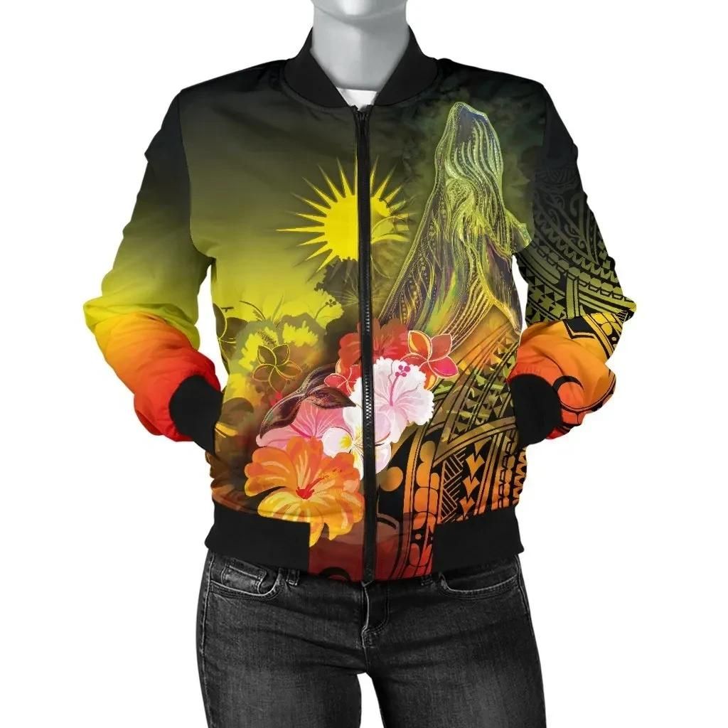 Bomber Jacket Marshall Islands - Humpback Whale with Tropical Flowers (Yellow)- BN18 Bomber Jacket Bomber Jacket Marshall Islands - Humpback Whale with Tropical Flowers (Yellow)- BN18 Bomber Jacket