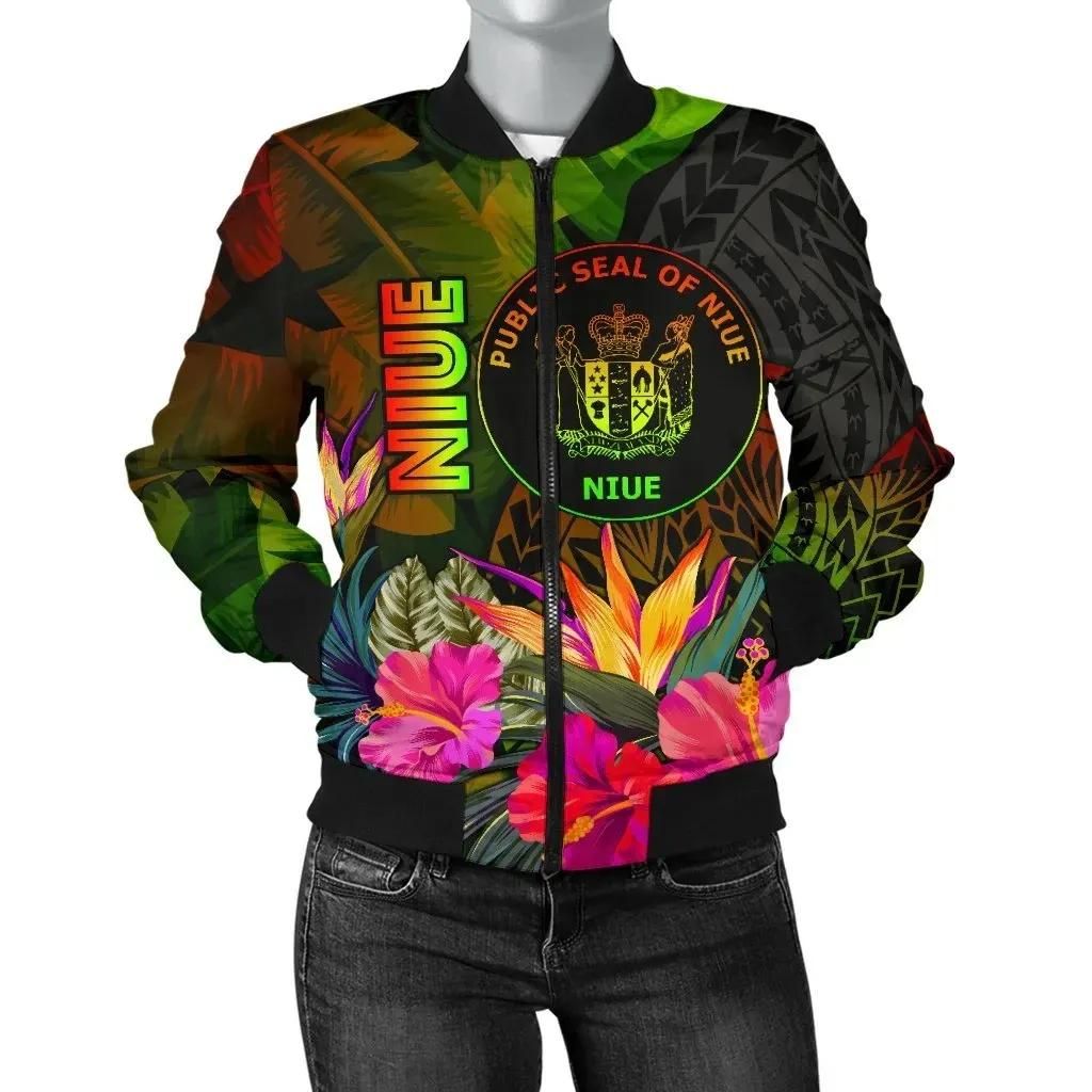 Bomber Jacket Niue Polynesian - Hibiscus and Banana Leaves - BN15 Bomber Jacket Bomber Jacket Niue Polynesian - Hibiscus and Banana Leaves - BN15 Bomber Jacket