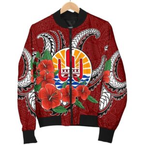 Bomber Jacket Tahiti Polynesian Hibiscus Coat of Arm Red - BN11 Bomber Jacket
