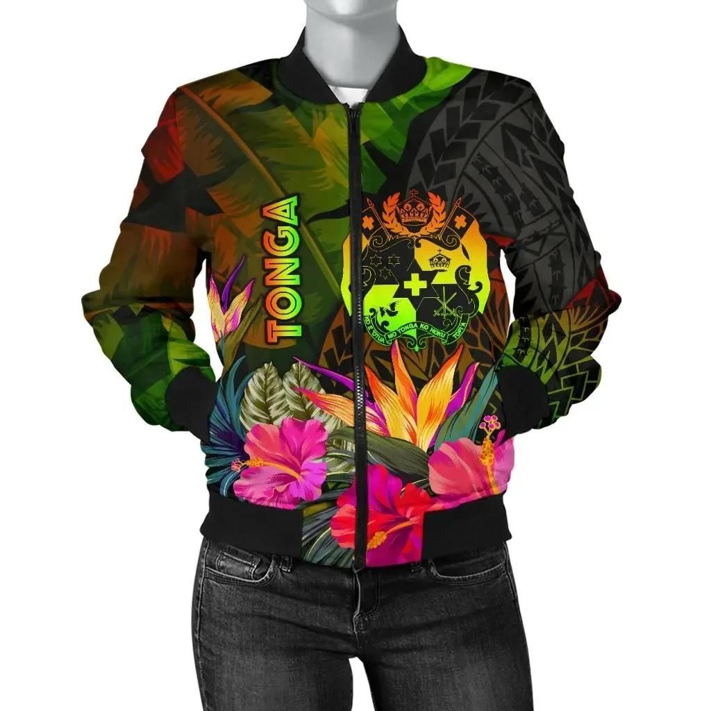 Bomber Jacket Tonga Polynesian - Hibiscus and Banana Leaves - BN15 Bomber Jacket Bomber Jacket Tonga Polynesian - Hibiscus and Banana Leaves - BN15 Bomber Jacket