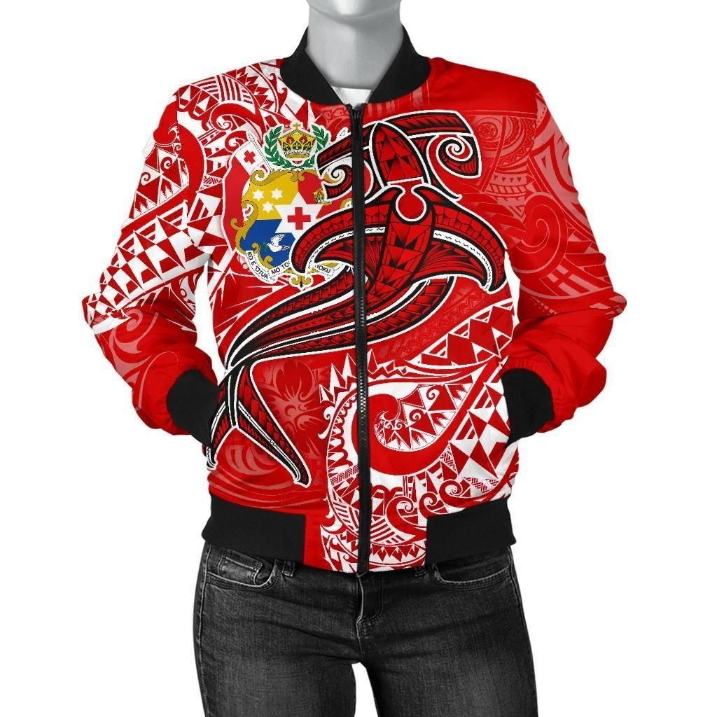 Bomber Jacket Tonga - Red Shark Polynesian Tattoo - BN18 Bomber Jacket Bomber Jacket Tonga - Red Shark Polynesian Tattoo - BN18 Bomber Jacket