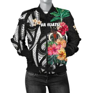 Bomber Jacket Vanuatu Coat Of Arms Polynesian With Hibiscus TH5 Bomber Jacket