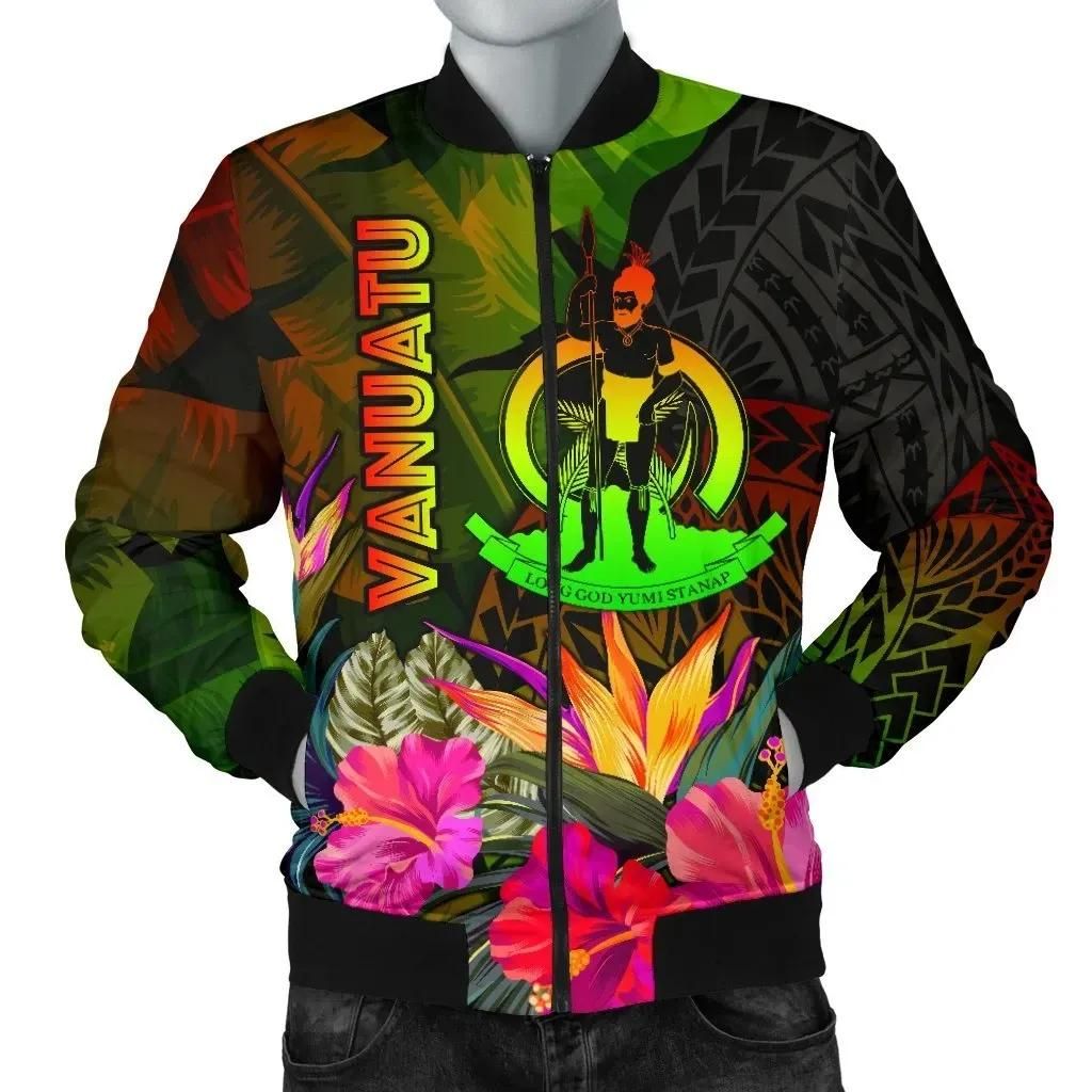 Bomber Jacket Vanuatu Polynesian - Hibiscus and Banana Leaves - BN15 Bomber Jacket Bomber Jacket Vanuatu Polynesian - Hibiscus and Banana Leaves - BN15 Bomber Jacket