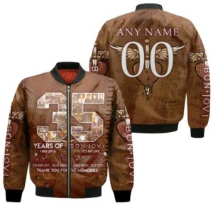Bon Jovi 35 Years Of 1983 2018 It Is My life Thank You For The Memories 3D Designed Allover Gift With Custom Name Number For Bon Jovi Fans Bomber Jacket