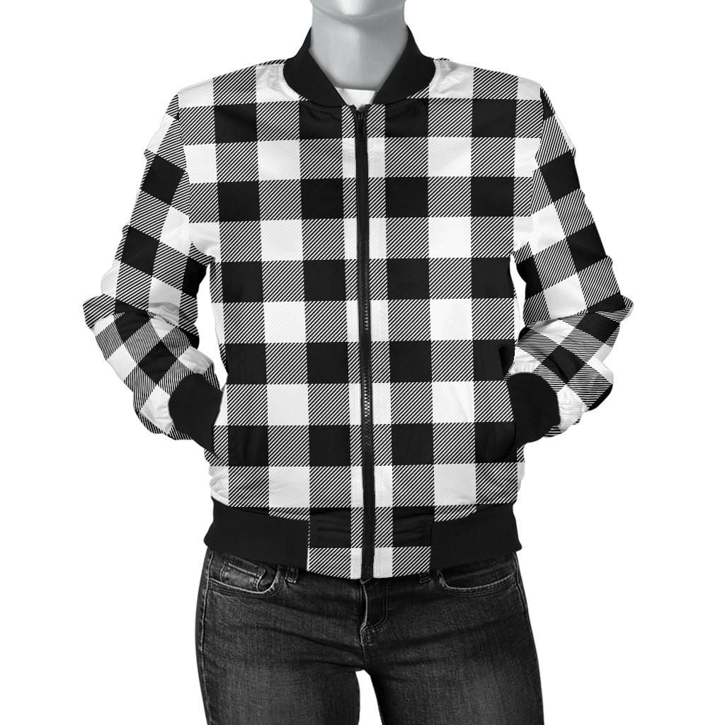 Buffalo Plaid Women's Bomber Jacket White Black A10 Bomber Jacket Buffalo Plaid Women's Bomber Jacket White Black A10 Bomber Jacket