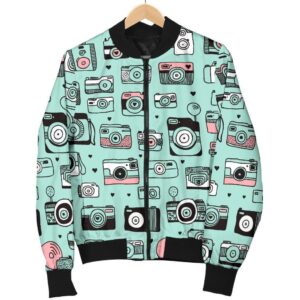 Camera Pastel Pattern Print Women Casual Bomber Jacket