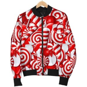 Candy Cane Print Pattern Women Casual Bomber Jacket