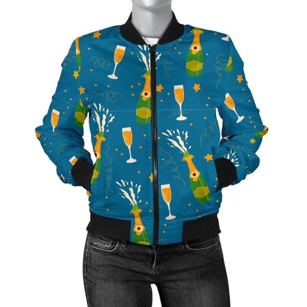 Celebrate-Champagne-Print-Pattern-Women-Casual-Bomber-Jacket-1