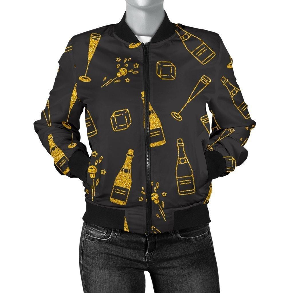 Champagne-Gold-Glitter-Pattern-Print-Women-Casual-Bomber-Jacket-1