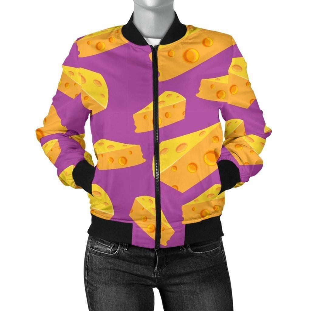 Cheese-Pattern-Print-Women-Casual-Bomber-Jacket-1