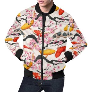 Cherry Blossom Koi Fish Pattern Print Mens Bomber Jacket